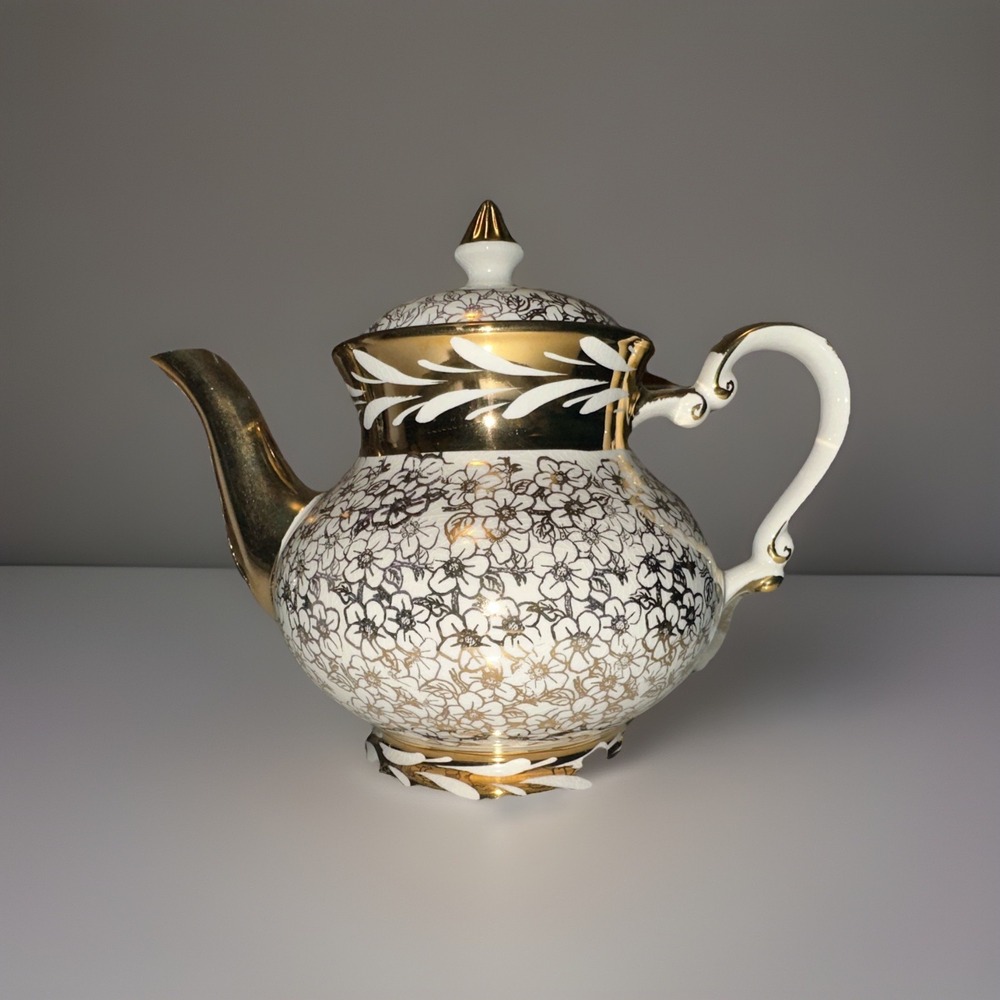 Vintage Gibson Staffordshire England Elegant White & Gold Teapot MCM 5 1/2 in